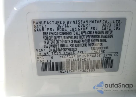2016 Nissan Sentra S z USA, uszkodzony, nr VIN 3N1AB7AP9GY300853